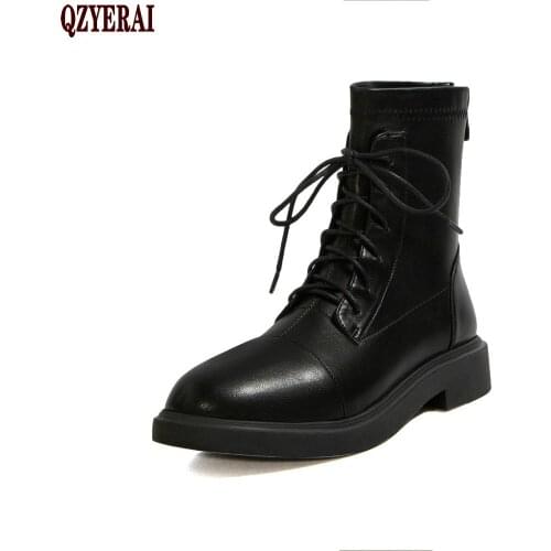 2020 Combat Boots Women White Leather Motorcycle Boots Mid Heeled Gothic Shoes Fashion Black Ankle Boots