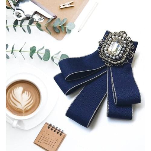 Women Elegant Wedding Party Bow Rhinestone Lint Pre Tied Neck Tie Brooch Pin