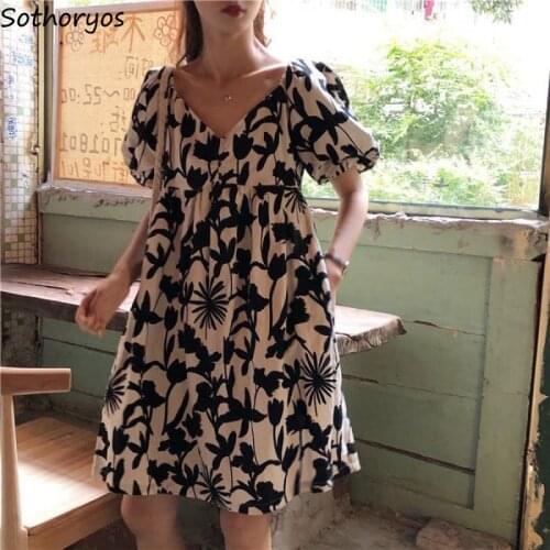 Women Short Puff Sleeve Dresses Print V-neck Fashion Elegant Retro Empire Loose Leisure M-3XL Lovely Streetwear Ulzzang Female