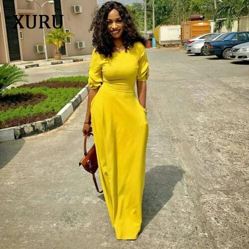 XURU 2020 Spring Pencil Dress Black Yellow Red Half Sleeve Slim Waits Pockets Long Dresses Elegant Lady Casual Party Dress