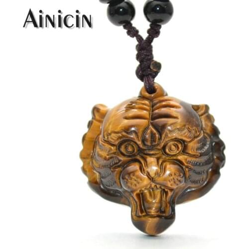 High Quality Natural Tiger Eyes Fine Carved Tiger Head Pendant 28'' Rope Chain Necklace Fashion Men and Women Jewelry 1pc