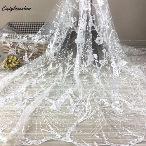 1Yard Embroidered Net Lace Tulle Fabric Womens Dress White African French Wedding Dress Lace Trimmings Sewing Accessories DIY