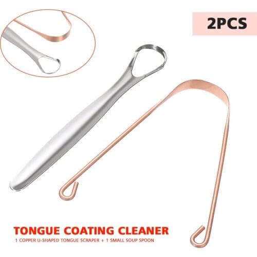 2pcs/set Stainless Steel Tongue Cleaner + Copper Scraper Dental Oral Care Kit For Oral Hygiene Tongue Germs Clean