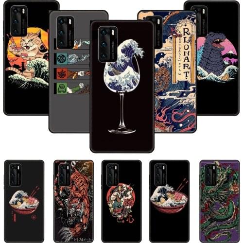 Phone Case For Huawei P20 P30 P40 P Smart Z + P10 Mate 30 10 20 Lite Pro Black Cover Prime Japanese Cartoon Animal Sushi Wave