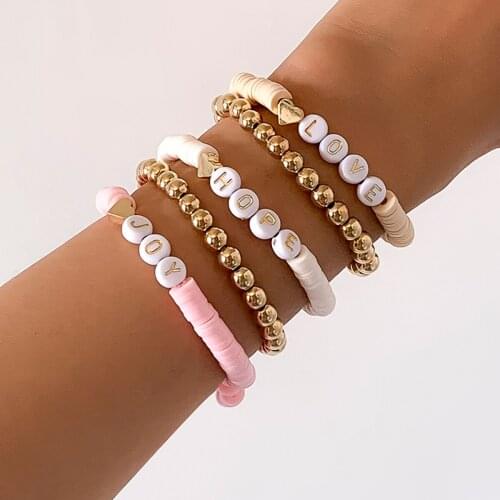IngeSight.Z 5Pcs/Set Candy Color Soft Clay Acrylic Letter Bracelets Bangles Multi Layered Beads Chain Bracelet for Women Jewelry