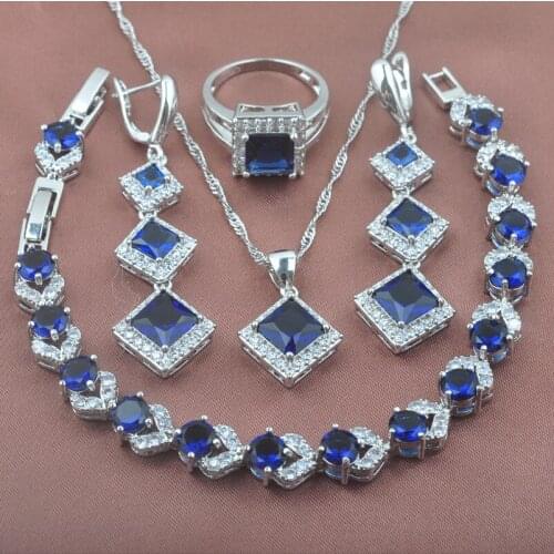 Amazing Square Blue Cubic Zirconia Jewelry Set For Women Crystal Earring And Necklace Pendant Rings Bracelet Sets YZ0200