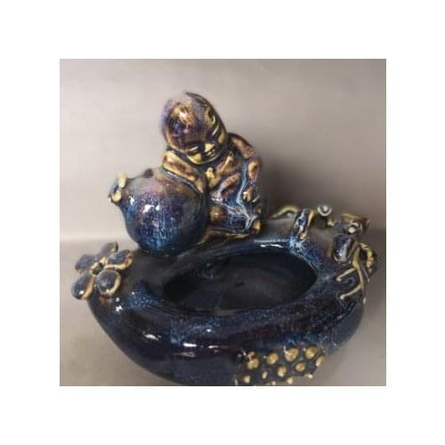 Chinese Old Porcelain Blue Glazed Porcelain Small Monk Buddhism Brush Wash Creative Ashtray Office Collection Accessories