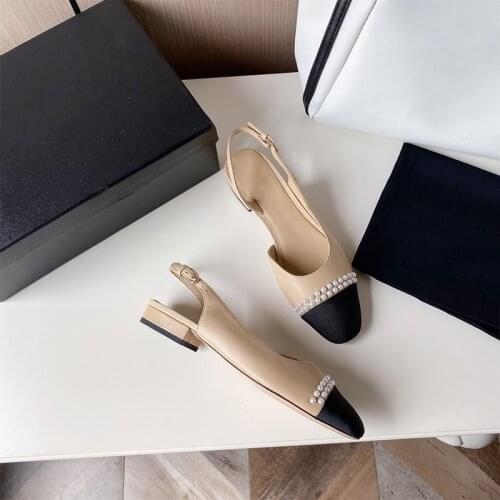 Kmeioo classic summer pearl shoes for women round toe low heels buckle strap sandals slingback chunke heels