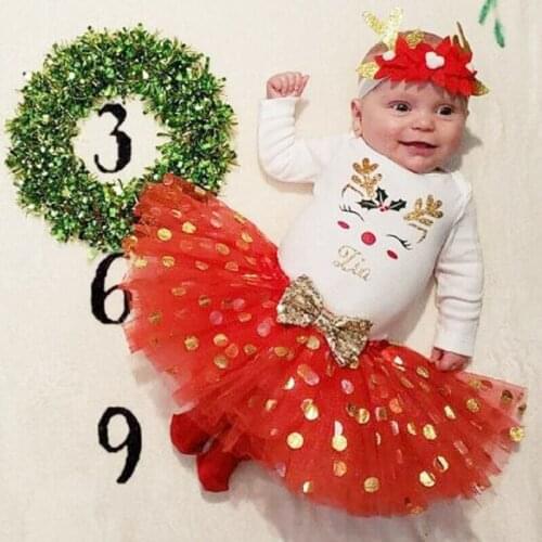 3Pcs Christmas Newborn Baby Girls Clothes Romper Bodysuit Tops Mesh Dot Bow Tutu Skirt Outfits Set Toddler Suit With Hairband