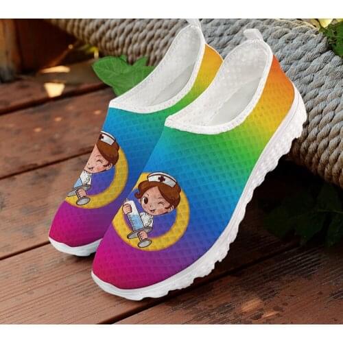 ELVISWORDS Womens Nursing Shoes Flats Casual Sneakers Rainbow Nurse Pattern Fashion Ladies Air Mesh Summer Walking Shoes Woman