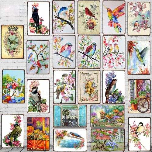 Metal Sign Watercolor Garden Flower Bird Tin Sign Plaque Floral Retro Wall Art Retro Poster Home Decoration Iron Painting