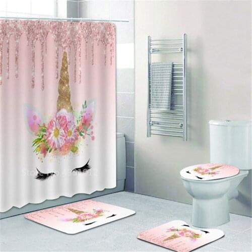 Trendy Pink Gold Drip Glitter Unicorn Shower Curtains Bathroom Curtain Set Floral Unicorn Bath Mat Rugs Carpet Girl Home Decor