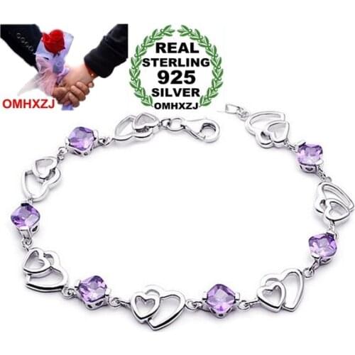 OMHXZJ Wholesale Fashion present High Quality Amethyst 925 Sterling Silver purple Gift Double heart Women Bracelets Bangles SZ41