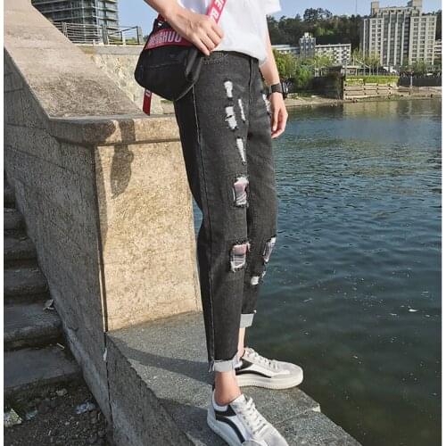 Autumn new fashion Harajuku style Korean version of plaid patch jeans mens nine-point casual pants with holes for men