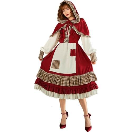 Lolita Dress Halloween Carnival Party Cosplay Maid Little Red Riding Hood Patch Lace Chiffon Cake Dress Cute Girl Stage Costume
