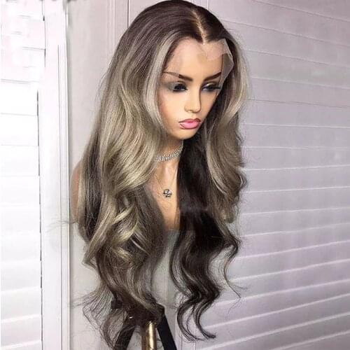 Transparent Lace Wig Human Hair Ombre Dark Grey Body Wave Lace Front Wigs 13*4 Lace Wig with Dark Roots Bleached Knots For Women