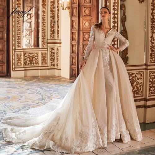Fmogl Luxury V Neck Long Sleeve Lace Mermaid Wedding Dress 2021 Backless Appliques Beaded Detachable Train Trumpet Bridal Gowns