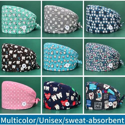 Unisex Cartoon Printing Pet Clinic Work Scrub Hat Adjustable Hospital Operating Room Working Cap Dental Clinic Nurse Scrubs Caps