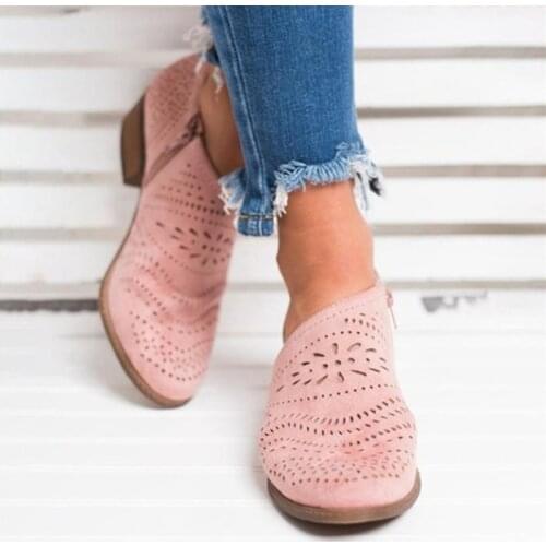 Spring Autumn Women Pumps Low Square Hheel PU Leather Floral Hollow Shoes Women Sandals plus Size 35-43