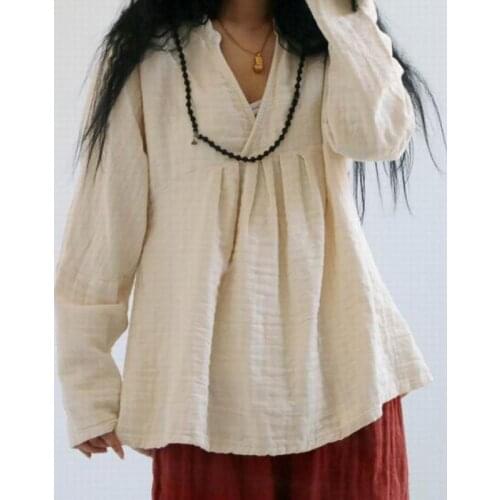 2020 Spring Original Design Art Long Sleeve Cotton Linen Shirt Loose Solid Color Plus Size Woman Blusas Tops Blouse