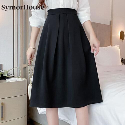 Summer Womens High Waist Black A Line Skirts Office Ladies Knee-length Vintage Work Wear Fashion Korean OL Skirt Autumn