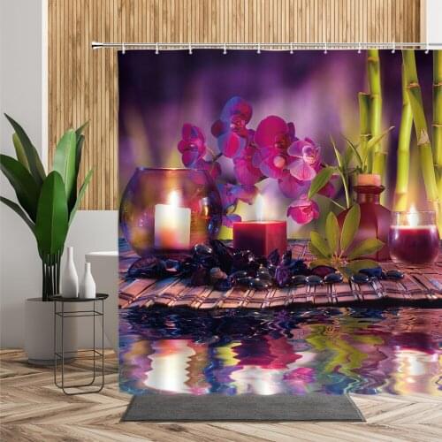 Green Bamboo Purple Flower Black Round Stone Shower Curtain Zen Garden Printed Cloth Chinese Spa Bath Curtains 3D Bathroom Decor