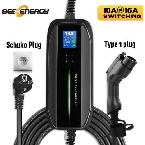 Morec Type 1 Portable EV Charging Box Cable Switchable 10/16A Schuko Plug Electric Vehicle Car Charger SAE J1772 EVSE 2.2/3.6KW
