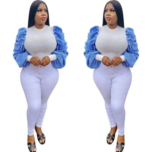 Streetwear Women Patchwork Lantern Sleeve O-neck T Shirt Long Sleeve Tee Shirt Femme Tops