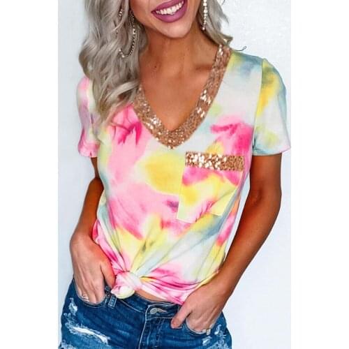 Womens Leopard Print T Shirt Fashion Sequin Tie-Dye V-Neck Short Sleeve Tee Gradient Multicolor Rainbow Casual Tops camisetas