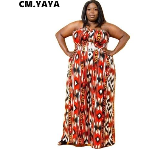 CM.YAYA Women Plus Size Jumpsuit Print Sleeveless One Shoulder Loose Wide Leg Jumpsuits Sexy Fashion One Piece Overalls Summer
