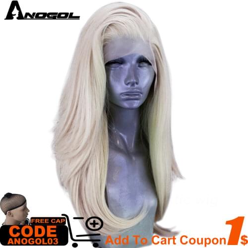 Anogol Platinum Blonde Long Natural Wave Free Part High Temperature Fiber Synthetic Lace Front Hair Wigs Women