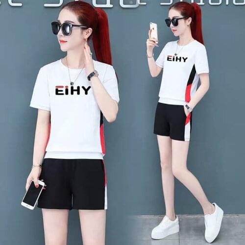 2021 New Summer Fashion Crop Top Korean Leisure Sportswear Suits Shorts Sleeve T-shirts Fifth Pants Two Piece Set Women Clothing