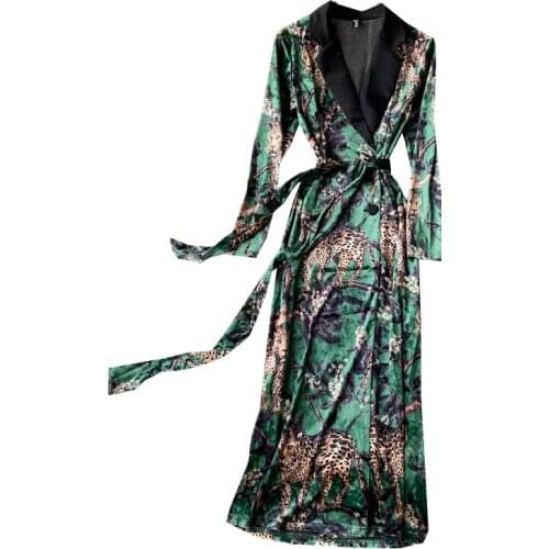 High-end printed lace-up suit collar office dress women elegant fashion double breasted gold velvet long dress summer