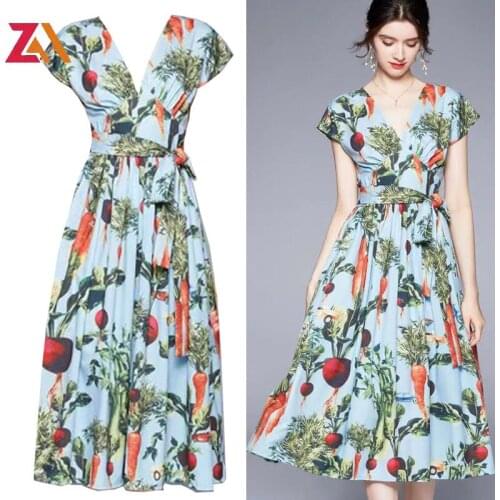 ZALady designer beach chic summer women dress vintage Vegetable print v-neck bow high waist plus size midi dresses femme robes