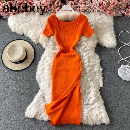 2021 Summer New Knitted Square Neck Split Dress Womens Solid Color Slim Sexy Summer Outfit Party Dress