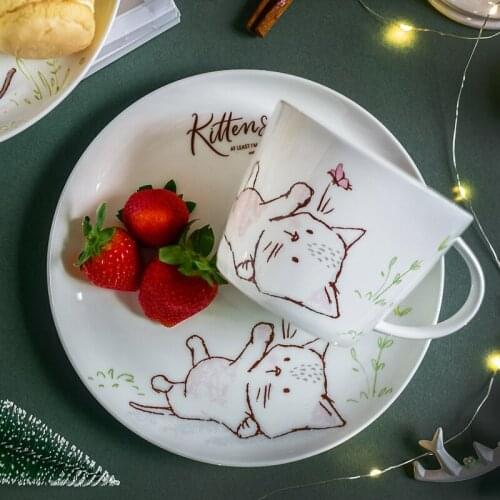 1pc Cartoon Kitten Dinner Plate Ceramic Dinner Dishes Drink Mug Cute Cat Dessert Plate Afternoon Tea Set 8 inch/ 450ml