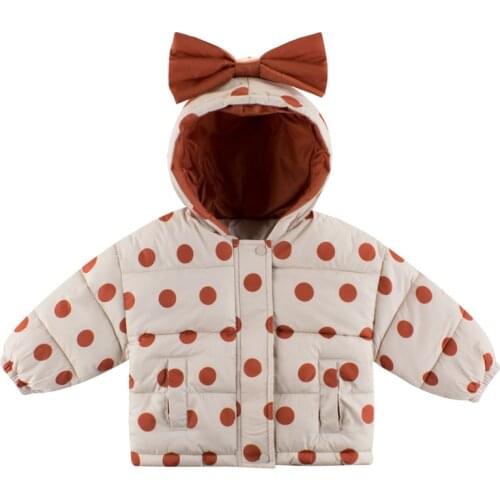 2-8 Years Baby Girls Winter Jackets Korean Cute Bow-knot Dots Hooded Cotton Warm Coats for Girl Kids Clothes Child Thick Outwear