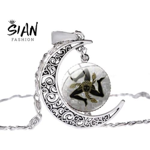 SIAN Trinacria Moon Necklace For Women Glass Metal Female Pendant Necklaces On The Neck Chains Fashion Jewelry Accessories Gift