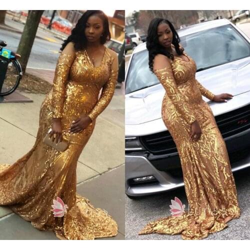 Sparkly Plus Size Evening Dresses V Neck Sequins Sweep Train Long Sleeve Mermaid Prom Dress Custom Made Formal Robes De Soirée