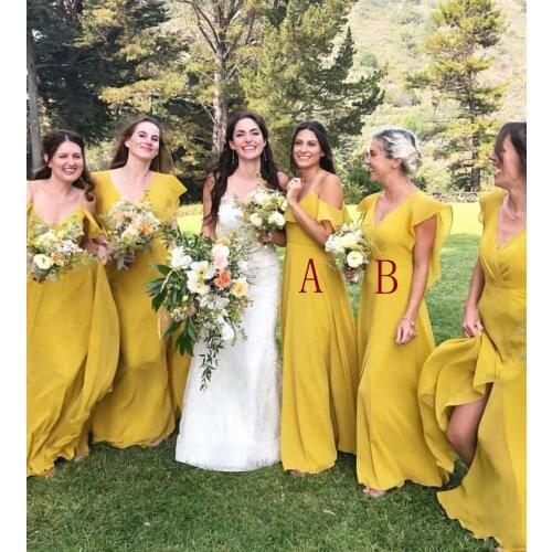 Bohemian Long Yellow Bridesmaid Dresses V Neck Countryside Bridesmaids Gowns Chiffon Prom Dresses Party Gown