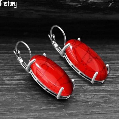 Big Vintage Eye Shape Synthetic Turquoises Earrings For Women Antique Silver Plated Fashion Jewelry Earring