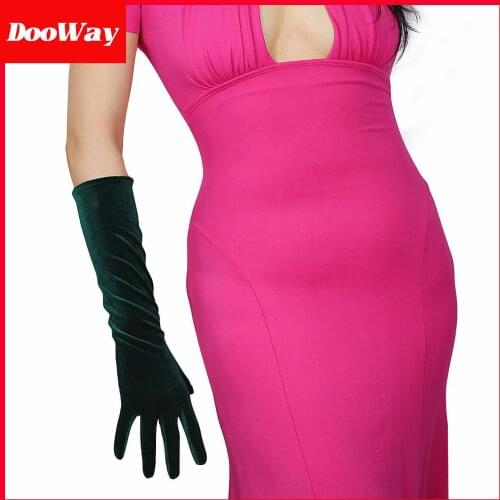 DooWay Women Long Velvet Glvoes TECH Touchscreen Stretch Elbow Length 16" for Evening Wedding 1920s Party Costume (Dark Green)