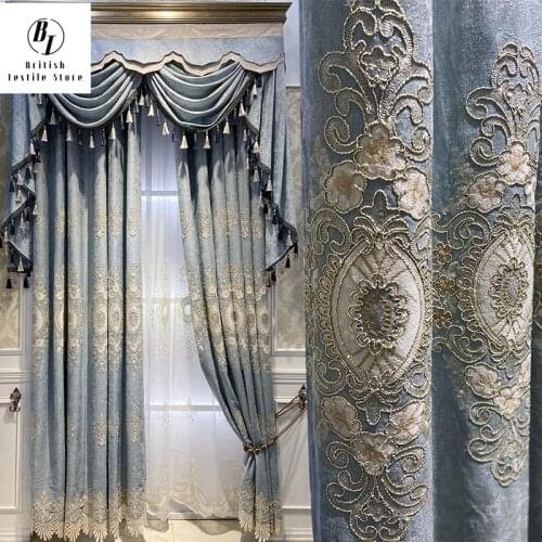 European Curtains for Living Dining Room Bedroom Style Curtain Luxury Atmosphere Blue Chenille Embroidery Light Luxury Curtain