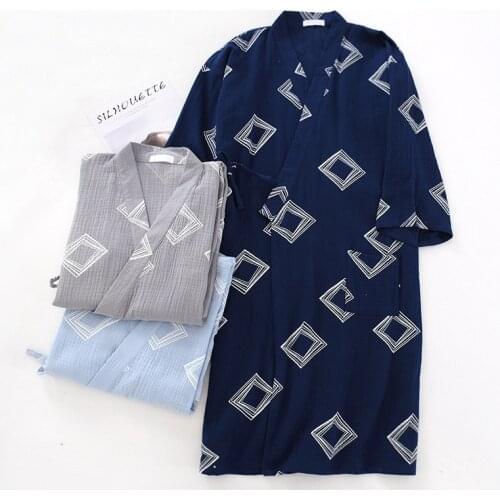 Summer Men Cotton Kimono Sleepwear V-Neck Loose Bathrobe Long Sleeve Nightgown Geometric Printing Robe Home Bath Robes