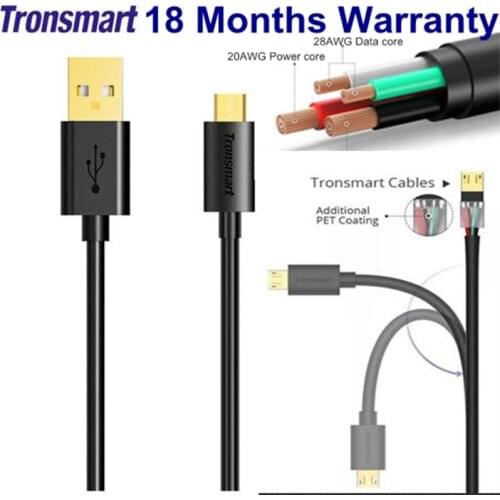 Tronsmart Micro usb Cable 1.8M 0.3M White Black Charger Cable 28AWG 20AWG for Oppo Vivo Xiaomi Samsung Huawei Data Cable