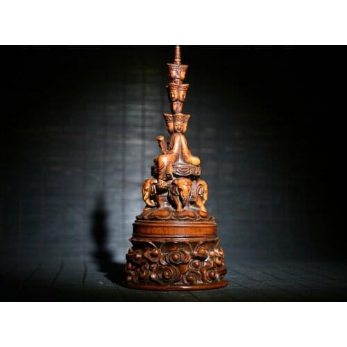 7" China Lucky Old Boxwood Hand-carved Elephant statue Three sides Sakyamuni Pagoda Enshrine the Buddha