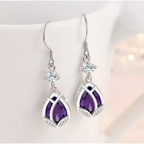 Fashion Female Earrings Silver Color Purple Flower Shaped Mosaic Zircon Earrings for Women Long Tassel Earrings Jewelry