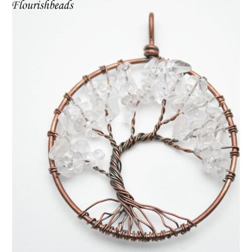 Natural Clear Crystal Quartz Stone Chips Life Tree Shape Antique Copper Wire Wrapped Round Metal Pendant Fashion Woman Jewelry