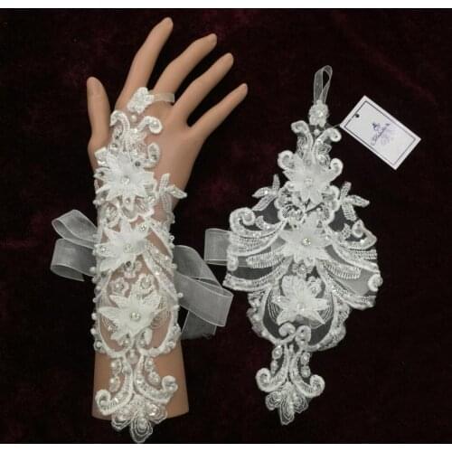 2020 new bridal gloves lace handmade beaded sticky flower ribbon lace gloves