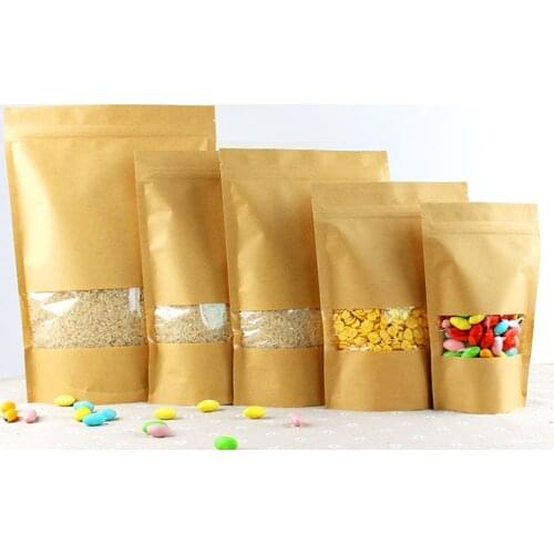 16*26+4cm 50pcs Stand Up Clear Window Brown kraft paper bags with Zipper lock for Food/Tea/Nut/Coffee Resealable Packaging Bag